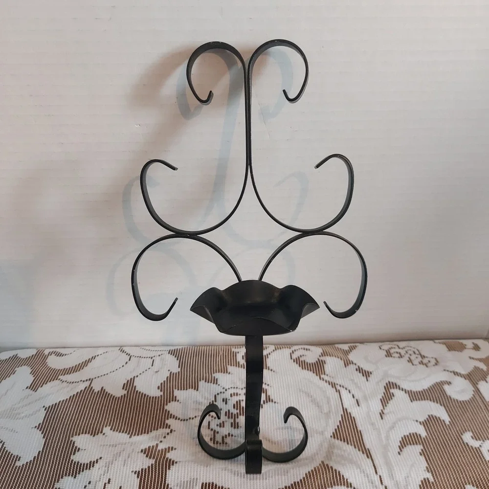 Vintage Black Wrought Iron Scroll Wall Sconce Candle Holder Ornate Metal Decor